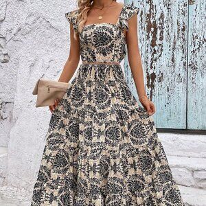 Multicolor Casual Womens Allover Print Ruffle Trim Top & Skirt